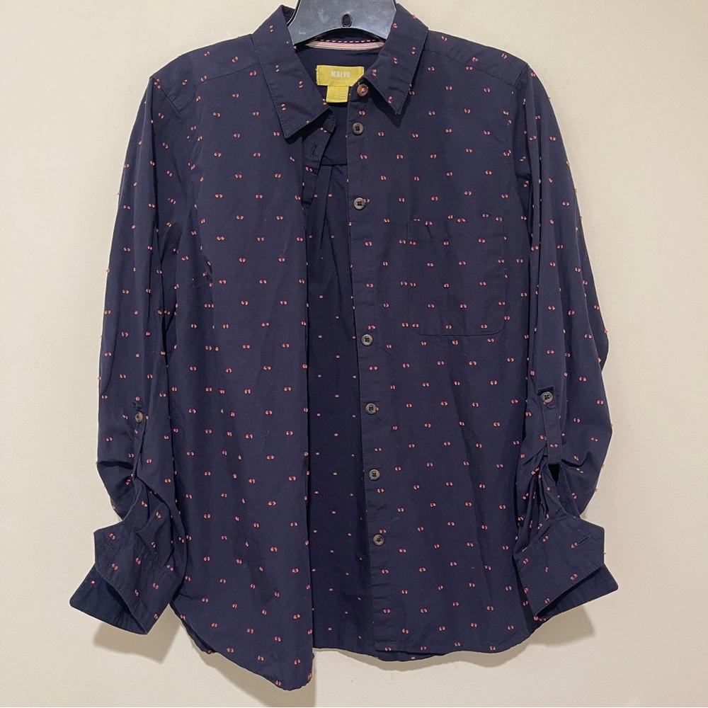Maeve Anthropologie Dark Blue Shirt with Pink & Yellow Raised Accents